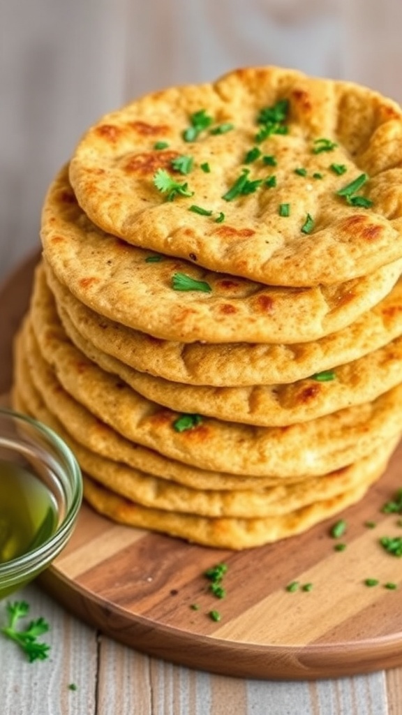 Gluten-Free Quinoa Flatbread Recipe A stack of quinoa flatbreads on a wooden board, garnished with herbs and a bowl of olive oil.
